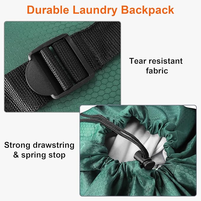 Laundry Bag Backpack Durable Laundry Bag with Shoulder Straps and Mesh Pockets Portable Laundry Hamper Dirty Clothes Bag for College, Travel, Laundromat, Apartment (Green)