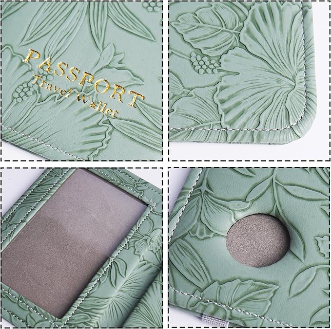 lizimandu Passport Holder with Airtag Slot, Airtag Passport Wallet for Men Women, Slim Leather Passport Holder Case Family for Travel Anti-Lost(1-Carved Green2)