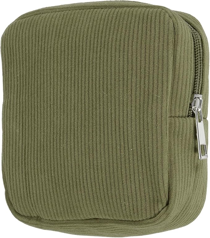 uxcell Period Bag for Teen Girls Women, Portable Corduroy Sanitary Towel Compact Cute Pouch with Zippers, Small Pouch Napkin Storage Pads Holder for Travel, Daily Use, Purse, Dark Green