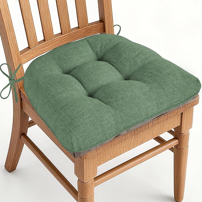 AddGrace Chair Cushions for Dining Chairs Set of 1 Kitchen Seat Cushions with Ties and Non Slip Backing Tufted Indoor Seat Pad for Kitchen Dining Room 18" x 17" x 3" Sage Green
