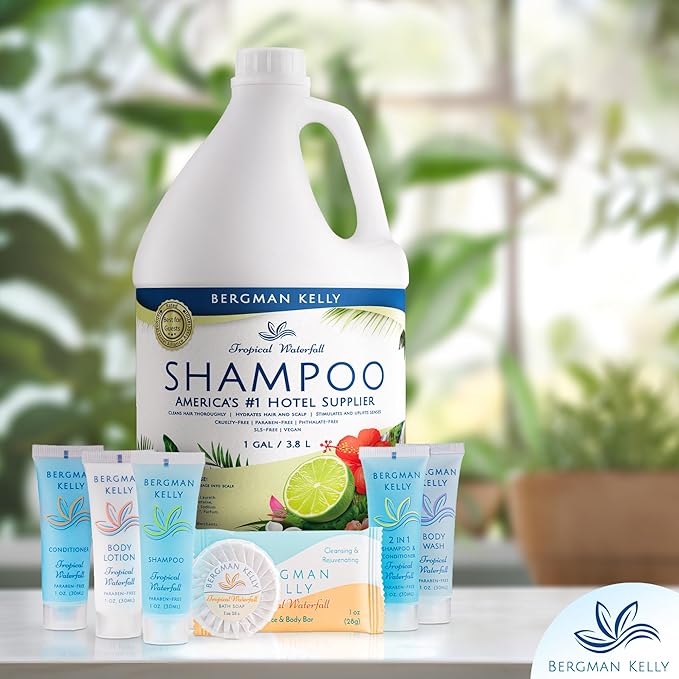 Bergman Kelly Refill Gallon Size Shampoo (128 fl oz, Tropical Waterfall Scent), Delight Your Guests with an Invigorating and Refreshing Shampoo, Quality Guest Hotel Toiletries in Bulk
