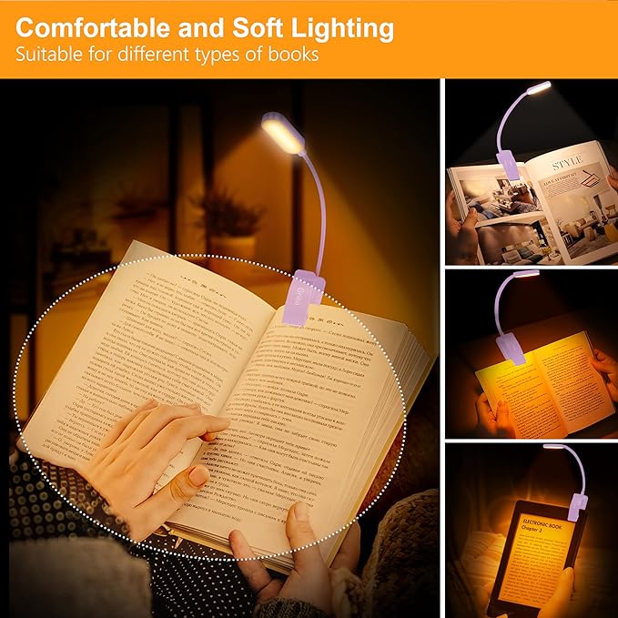 Gritin 16 LED Rechargeable Book Light for Reading in Bed- Eye Caring 3 Color Temperatures, Stepless Dimming Brightness, 80 Hrs Runtime, Lightweight Flexible Clip on Light for Book Lovers-Purple