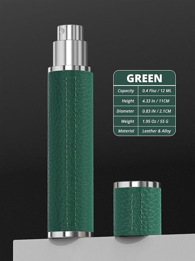 12ml Genuine Leather Perfume Atomizer Refillable, Portable Mini Cologne Sprayer with Magnetic Cap & 3 Refill Tools, Luxury Travel Size Fragrance Spray Bottle for Men & Women (Green)