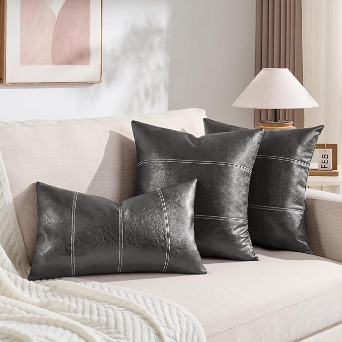 Fancy Homi Dark Gray Long Lumbar Faux Leather Decorative Throw Pillow Covers 14x24 Inch for Outdoor Couch Bed, Modern Farmhouse Boho Home Decor, Charcoal Gray Hand Stitched Cushion Case 35x60 cm