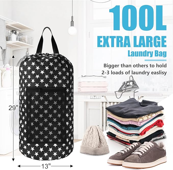 Laundry Bag Backpack, Extra Large Travel Laundry Bag with Mesh Pocket & Adjustable Shoulder Straps,Dirty Clothes Travel Bag for College Students Dorm,Apartment(Star Shape)