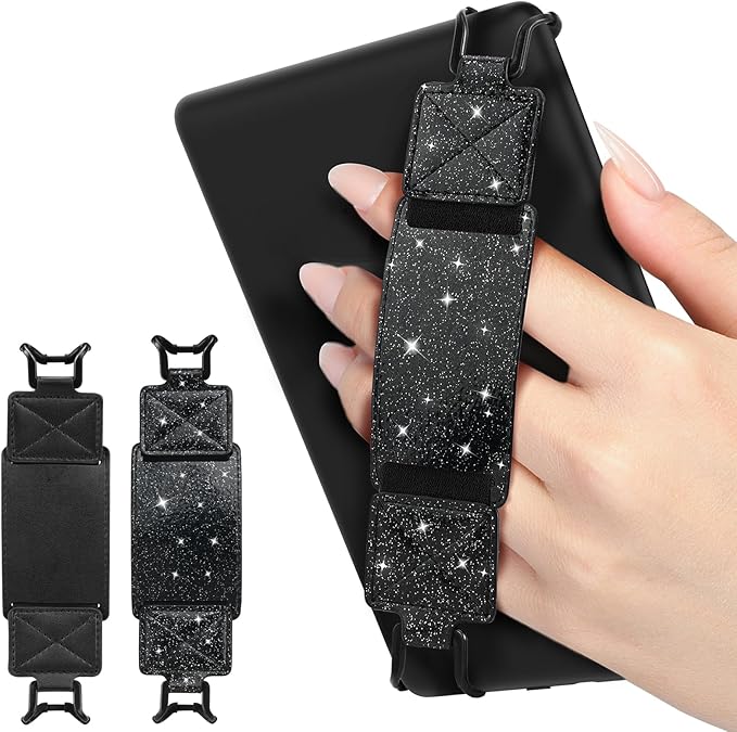 MoKo 2 Pack Security Hand Strap for 6-8" eReaders Fire Tablet -Kindle/Kobo/Voyaga/Lenovo/Sony E-Book Tablet, High-Elasticity Versatile Hand Strap Lightweight Finger Grip Holder, Black+Shiny Black