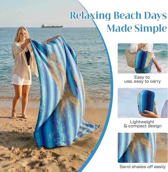 Beach Blanket Waterproof Sandproof - Oversized Extra Large Beach Mat for 3-4 People, Lightweight Sand Free Mat for Summer Vacation with 6 Stakes & 4 Corner Pockets for Beach, Camping 7x7ft Blue Stripe