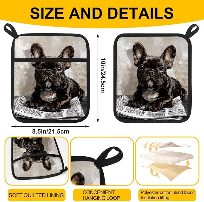 French Bulldog Dog Pot Holders with Pockets 2 PCS, Heat Resistant Oven Mitts Hot Pads for Kitchen Baking Cooking, Square Thick Pot Holders Kitchen Hot Potholders, 8.5x10 Inches