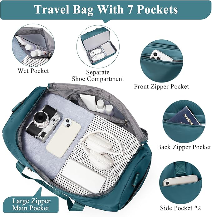 Large Travel Duffle Bag,Carry on Overnight Weekend Bag with Shoes Compartment,Weekender Bags for Women for Travel Business Trips Sport Hospital,3 Pcs Set,Peacock Blue