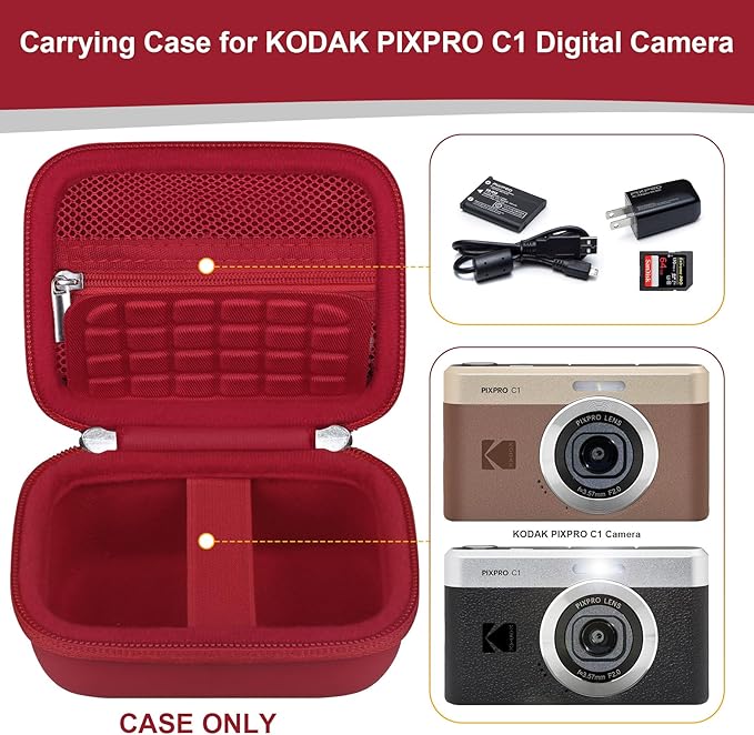 RAIALL Carrying Case for KODAK PIXPRO C1 Friendly Zoom Digital Camera, Point and Shoot Vlogging Camera Hard Travel Bag, Mesh Pocket for Charging Adapter, SD Card, USB Cable and Batteries, Red