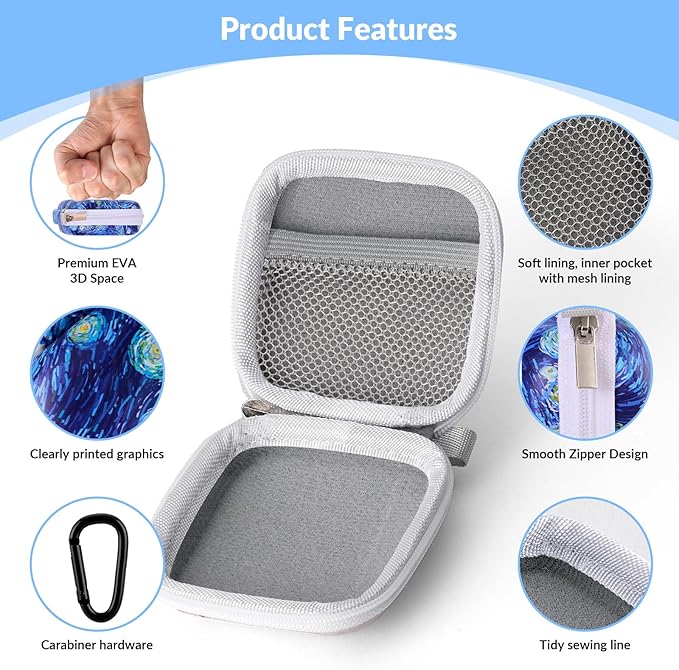 Earbud Case, Personalised Patterned Portable EVA Headphone case Cell Phone Accessories Organizer with Carabiner for Wired/Wireless Earphone, Earbud, Earpieces, SD Memory Card, Camera Chips