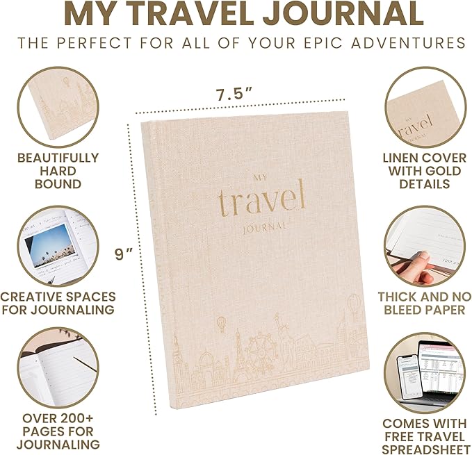 Inspired Ink Travel Journal for Women and Men Travel Bucket List Journal 210 Pages Traveler Adventure Notebook – Itinerary Planner Organizer & Traveling Memory Diary Memorial Gift for Travelers - Sand
