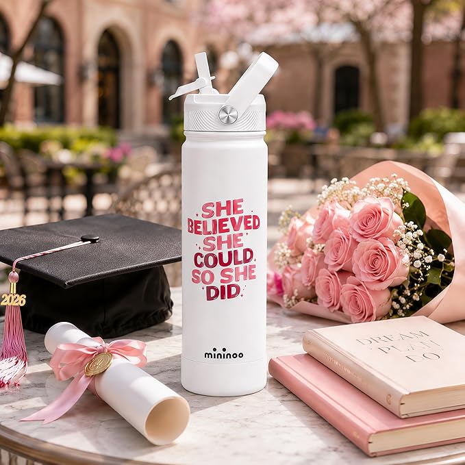 mininoo 2026 Graduation Gifts, 24 oz Insulated Stainless Steel Water Bottle Straw Lid, She Believed She Could So She Did, Cup Holder Friendly Bottle for Women Girls