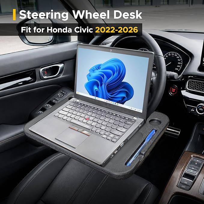 EcoNour Steering Wheel Desk for Honda Civic 2022-2024 2025 2026 2-in-1 Car Tray Table Laptop Car Mount with Pen Holder Food Tray for Eating with Drinks Holder Multipurpose Travel Car Accessories