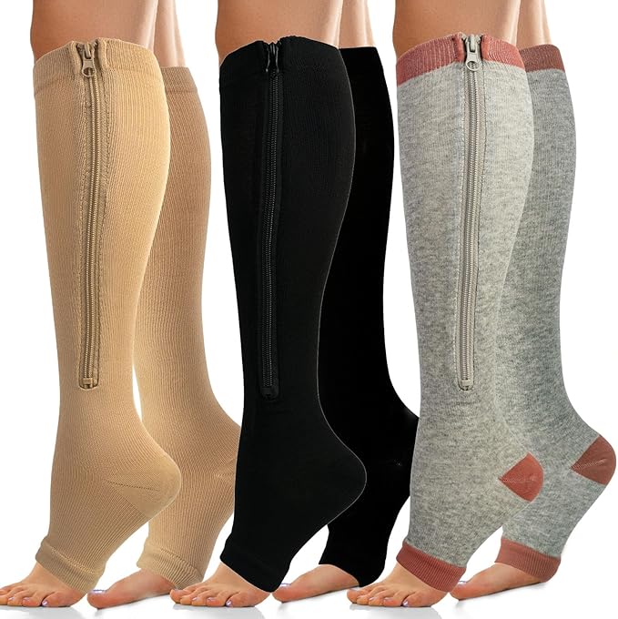 3 Pairs 15-19mmHg Zipper Compression Socks for Women and Man,Open Toe Compression Socks with Zipper for Sports, Travel, Pregnant and office Workers