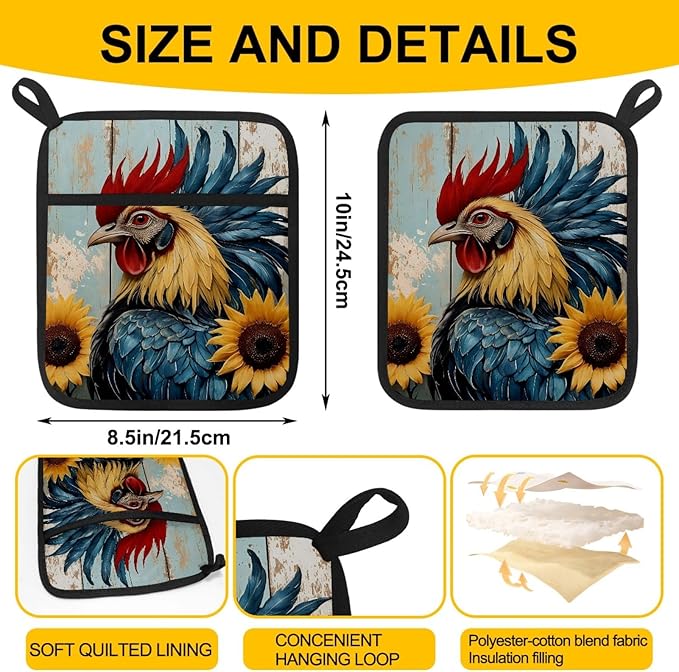 Rural Farmhouse Rooster Pot Holders with Pockets 2 PCS, Heat Resistant Oven Mitts Hot Pads for Kitchen Baking Cooking, Square Thick Pot Holders Kitchen Hot Potholders, 8.5x10 Inches