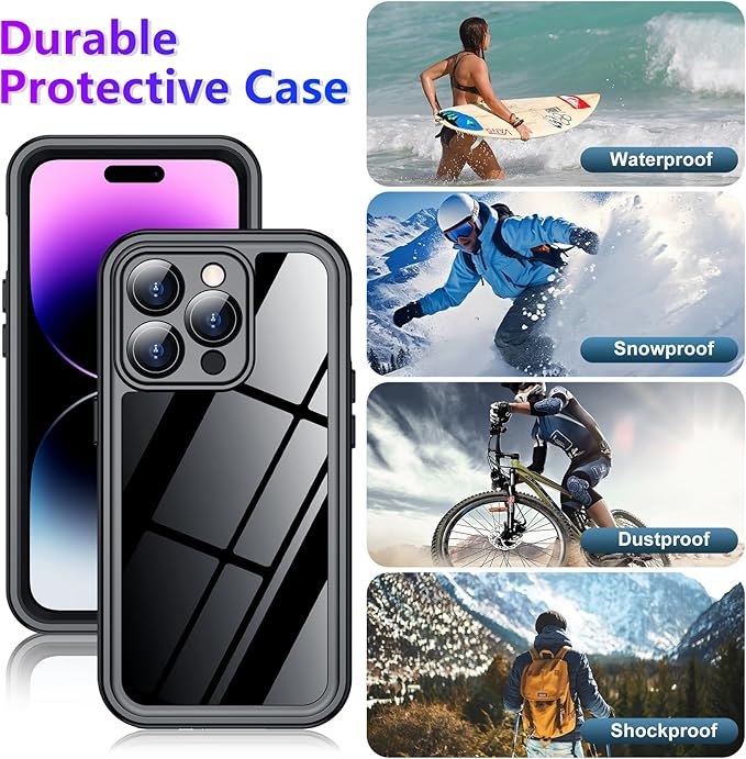 Compatible with iPhone 14 Pro Max Case Waterproof, Built-in Screen & Camera Protector IP68 Underwater Full Body 14FT Military Dropproof Shockproof Phone Case 6.7"-Black/Clear