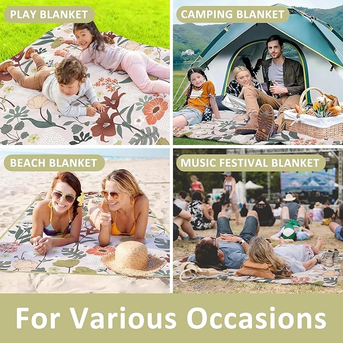 Floral Picnic Blankets Waterproof Foldable, 60″X80″ Packable Picnic Mat Flowers Outdoor Blanket for Grass, Large Beach Blanket Sandproof Picnic Accessories for Camping Music Festival Park Lawn Travel