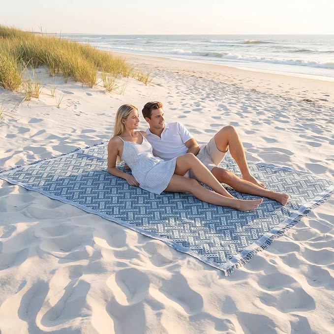 70x70 Bohemian Picnic Mat Extra Large, Sand Proof Outdoor Camping Blanket Machine Washable, Lightweight Portable Travel Tarp for 5-7 Adults Beach Park Grass (Green-T-Grid)
