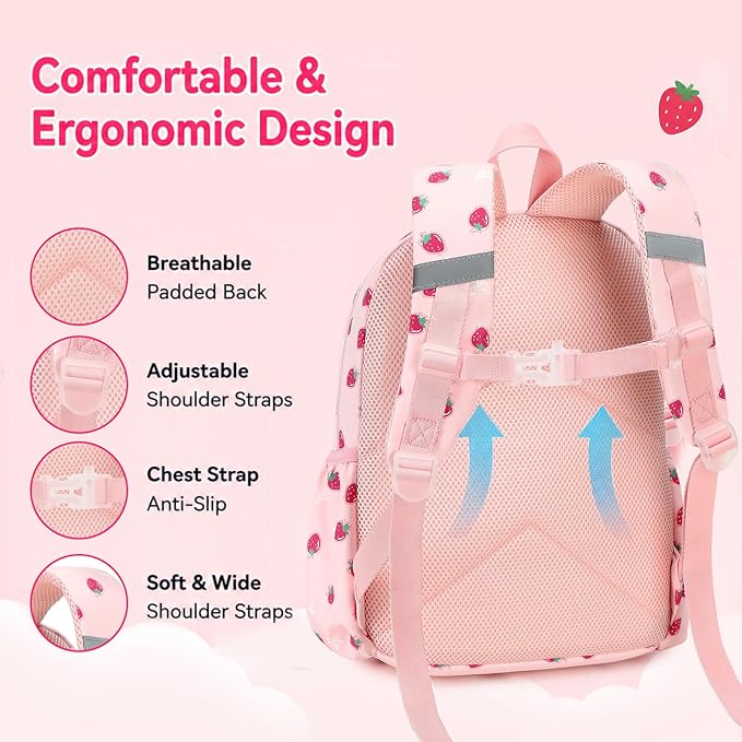 BTOOP Kids Backpack, Girls Backpack 4-6-Preschool Kindergarten School Bookbag with Insulated Lunch Compartment & Chest Strap, Pink-Strawberry Backpacks
