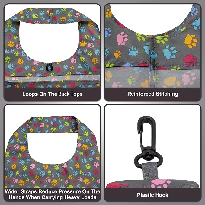 HOLYLUCK Reusable Grocery Bags,Heavy Duty Foldable Shopping Tote Bag (Standard, Multi Dog Paw Prints)