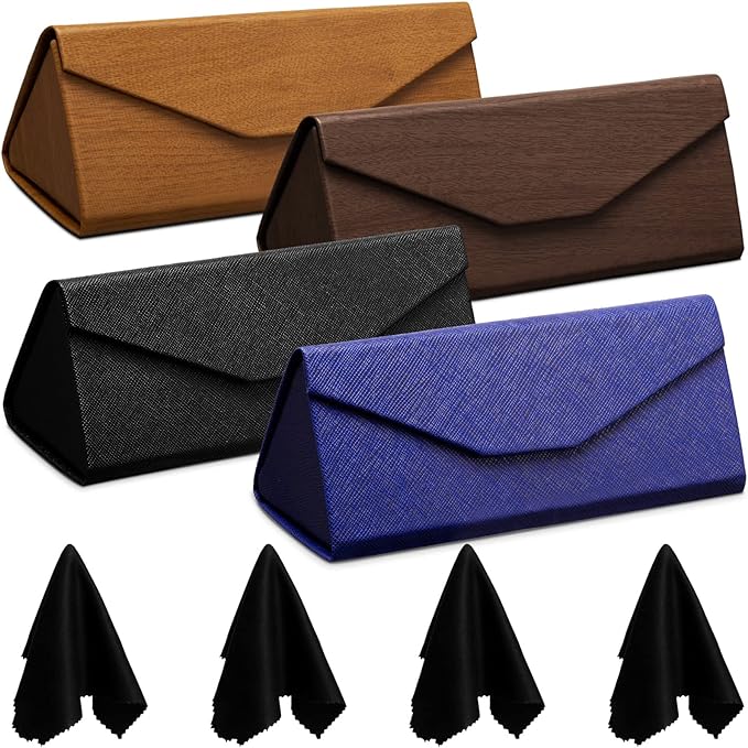 Flutesan 4 Pack Foldable Glasses Sunglasses Case PU Hard Shell Collapsible Eyeglasses Leather Case 4 Cleaning Cloths