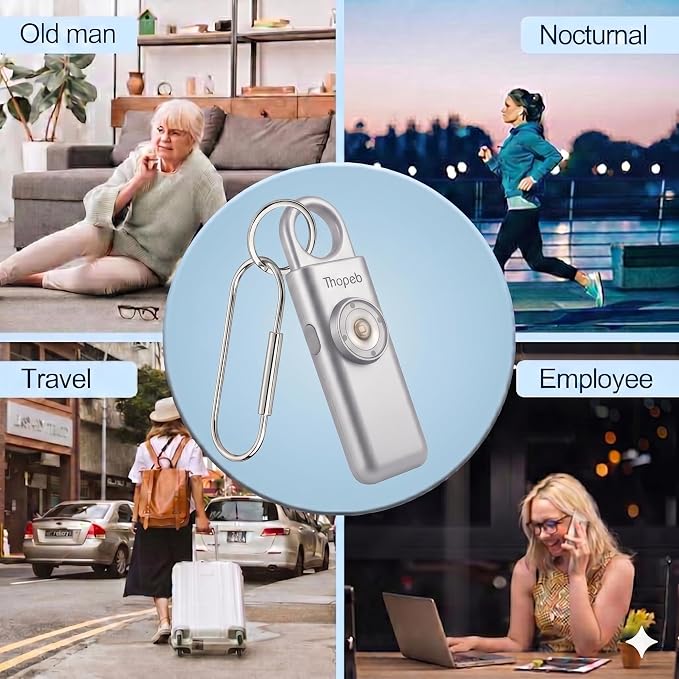 Thopeb– Personal Safety Alarm for Women–135dB Siren, Strobe Light and Rechargeable - Safety Alarm Keychain for Women (Metallic Silver)
