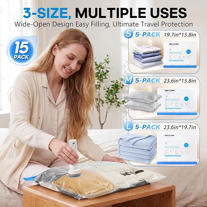 15 Pack Vacuum Storage Bags with Pump, Space Saver Travel Bags with Rechargeable Wireless Pump, Reusable Tear-Proof Compression Packing Cubes for Heavy Clothes/Bedding/Luggage/Moving 15 Combo Size