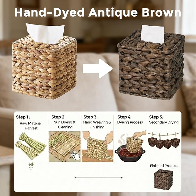2 Pack Tissue Box Cover, Square Wicker Tissue Box Holder Facial Tissues Boxes, Hand Woven Napkin Box Tissue Holder for Bathroom Bedroom Office Table Desk Night Stand, Boho Decorative, Brown