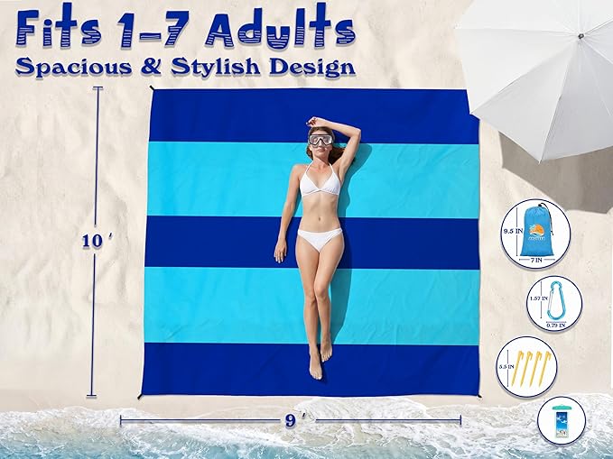 Aroveea Beach Blanket Waterproof Sandproof 1-7 Adult Oversized 78''X81''/10'X9' Lightweight Durable Compact Sand Free Beach Mat for Travel Camping Hiking Picnic Blanket