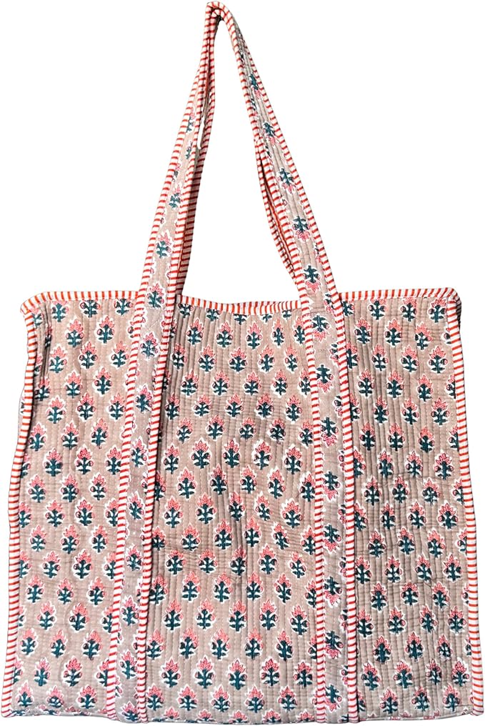 ATOSII Women Handblock Print Quilted 100% Cotton Floral Large Shoulder Tote Bag with Pocket, Zipper for Work, Beach & Travel