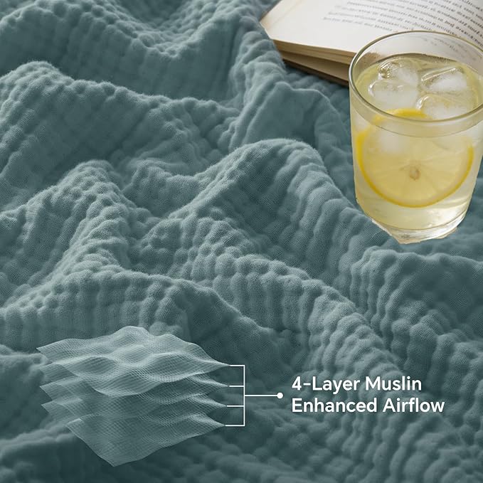 BEDELITE 100% Cotton Muslin Blankets for Adults - 4-Layer Queen Size Breathable and Lightweight Gauze Blanket for Couch, Bed, Travel and Summer, Soft & Cozy Gift for Women, Teal, 90"x90"