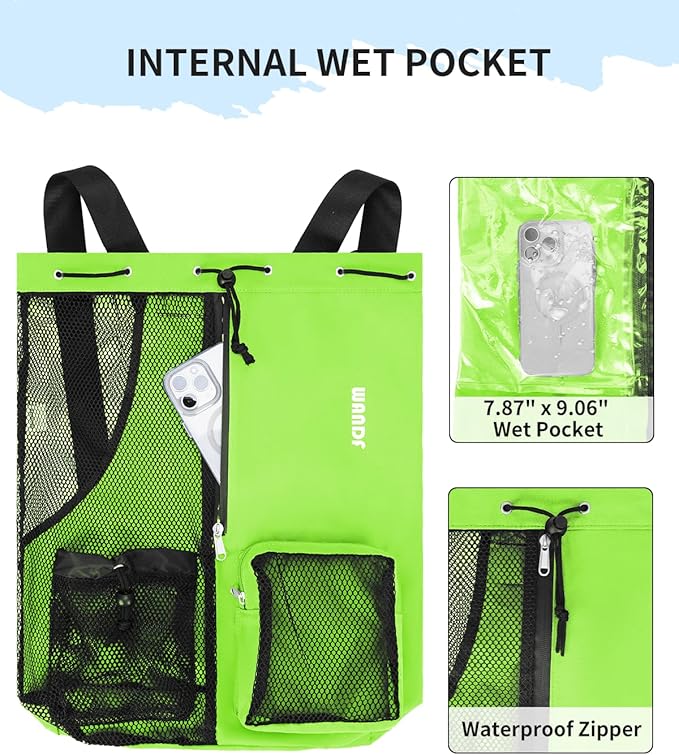 WANDF Swim Bag Mesh Drawstring Backpack with Wet Pocket for Swimming, Gym, and Workout Gear