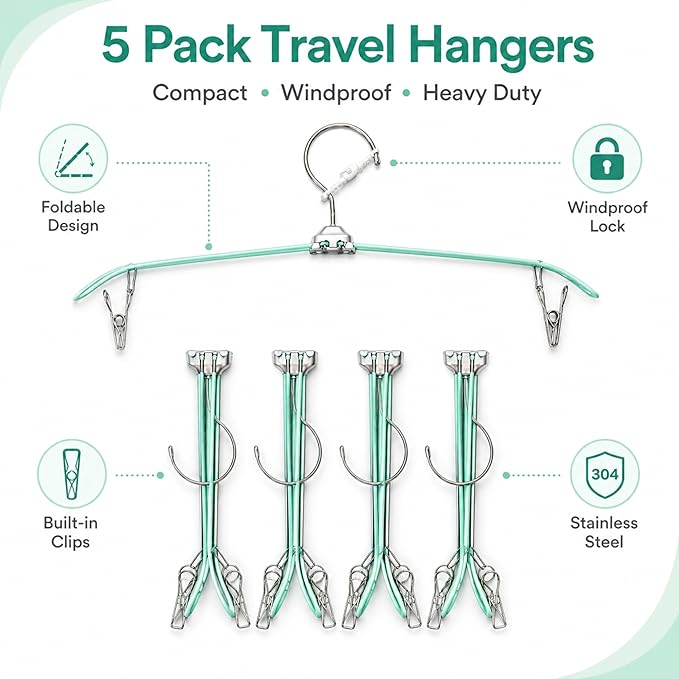 5 Pack Green Travel Hangers with Clips, Portable Stainless Steel Folding Clothes Hangers with Windproof Hook, Heavy Duty Non-Slip Space Saving Hangers for Cruise Essentials, Camping, Hotel