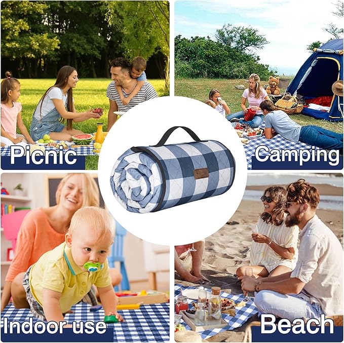 HX&OD Outdoor Picnic Blanket, Extra Large, 80''x60'' Waterproof Foldable Blankets Gingham Picnic Mat for Beach, Camping Grass Lawn Park Accessories Cute Couple Ideas Wedding (Blue, 80”x60”)