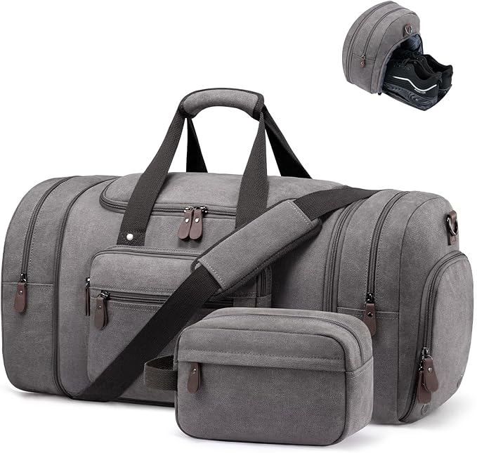 Sucipi Canvas Travel Duffel Bag for Men, Weekend Overnight Bag with Shoe Compartment and Toiletry Bag, Carry-On for Airplanes, Graphite Grey