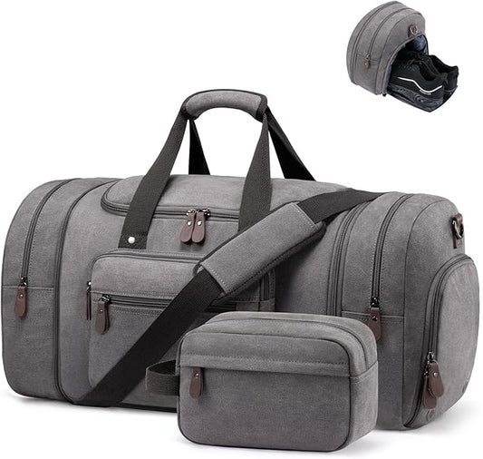 Sucipi Canvas Travel Duffel Bag for Men, Weekend Overnight Bag with Shoe Compartment and Toiletry Bag, Carry-On for Airplanes, Graphite Grey