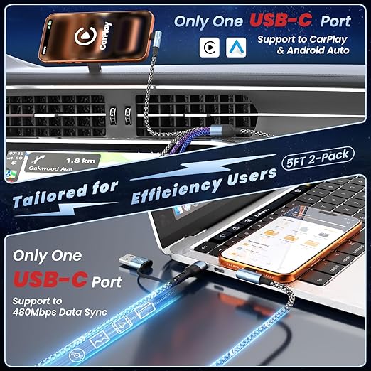 90 Degree Phone Charger, 4 in 2 Multi Charging Cable, USB C CarPlay Cord Charger Cables with Dual Type-C, Micro USB, IP Port, Nylon USBC Cord Right Angle Compatible with Phone17/16/15, Android, 5FT