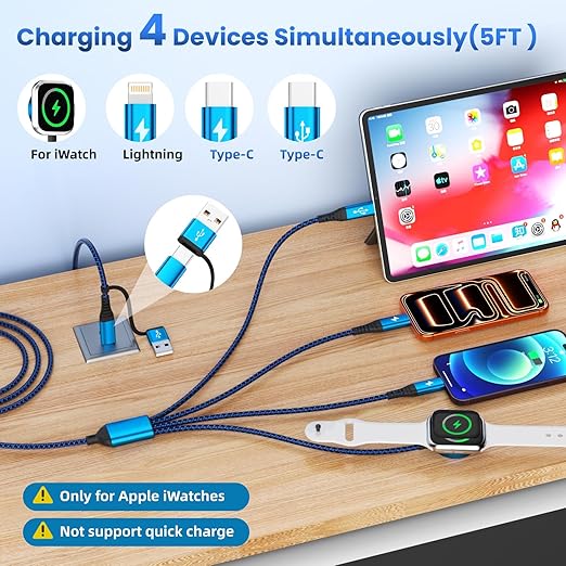 Multi Charging Cable for iPhone Watch Charger, 4 in 2 USB A/C Phone Charger Cord with Dual Type-C/IP, iWatch Cable Nylon Cruise Essentials 2026 Compatible with iWatch/Phone 17-11/Pod/Android, 5FT