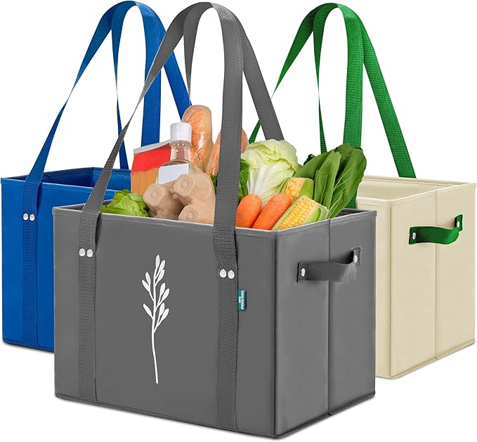 Green Bulldog Reusable Grocery Bags - Heavy Duty Reusable Shopping Tote Bags W/Long Handles, Foldable & Collapsible, Holds Up to 65 lbs - for Kitchen, Picnic 3 Pack
