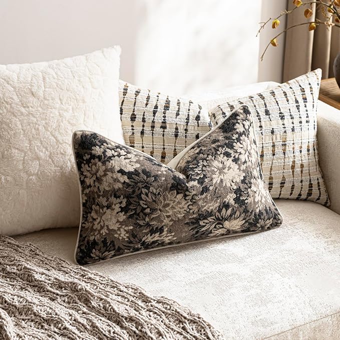 DEZENE Pack of 2 Vintage Floral Pillow Covers 12x20 Boho Farmhouse Accents Chenille Rectangular Lumbar Decorative Throw Pillow Cases for Living Room Couch Bed Home Decor, Taupe
