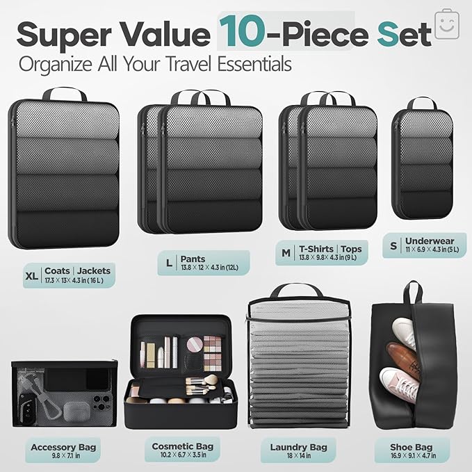 Veken 10 Set Compression Packing Cubes for Travel Essentials,Compressible Expandable Large Luggage Suitcase Organizer Bags for Clothing,Durable Space Saver Storage Bags with Toiletry Bags(Black)
