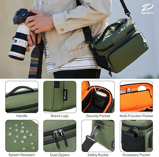 Padwa Lifestyle Green Small Portable Camera Bag - Compact Nylon Camera Photography Bag Weather Resistant with Lens Compartment,Casual Camera Bag for Small Digital,SLR,Mirrorless Cameras