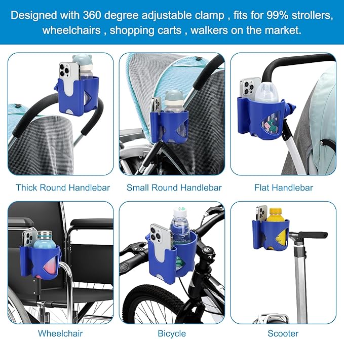 Accmor Stroller Cup Holder with Phone Holder, Universal Cup Holder for Walker Wheelchair Bike, 360° Rotatable Stroller Cup Holder Attachment Accessories for Walker, Wheelchair, Scooter