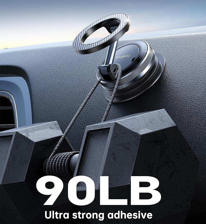 Coolpow【Newest Vacuum Magnetic Phone Holder for Car Phone Holder Mount【Movable Vacuum Suction】Magsafe Car Mount Cell Phone Holders for Your Car Accessories for Women Men for iPhone 17 16(Carbon Fiber)