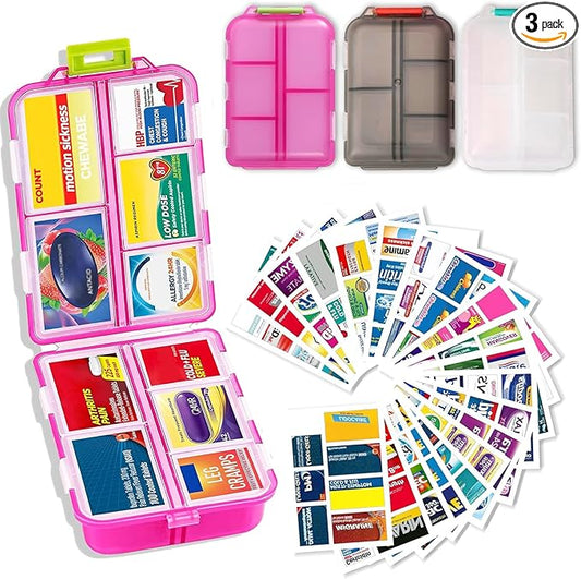 2026 New Extra Large Pill Box with Medicine Labels Travel Essentials Daily Med Container Mini Medication Organizer Storage Organizer Case 7 Day Pill Organizer(Pink+White+Grey)