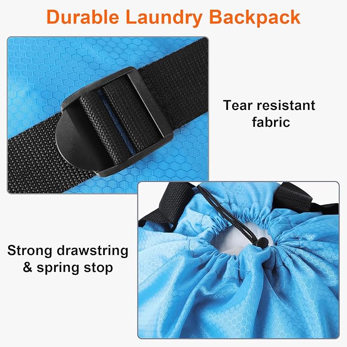 Laundry Bag Backpack Durable Laundry Bag with Shoulder Straps and Mesh Pockets Portable Laundry Hamper Dirty Clothes Bag for College, Travel, Laundromat, Apartment (Blue)