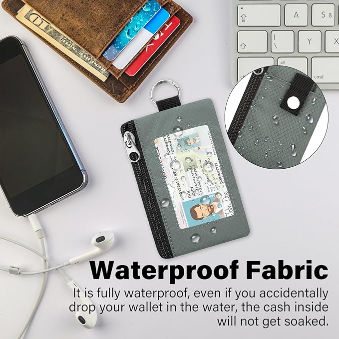 Minimalist RFID Wallet with Lanyard, Multi-Functional ID Case with 2 Zipper Pockets and Key Chain for Men and Women, Tactical Badge Pouch Cards Holder, Coin Purse for Travel Sports - Green&Blue