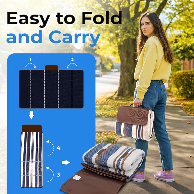 scuddles Extra Large Picnic Blanket 80 x 80 Inch, Waterproof Outdoor Mat with 3 Layer Soft Cushion, Foldable Compact Design with Carry Strap for Beach, Camping, Hiking, Parks and Travel Use