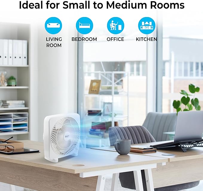 Comfort Zone Box Fan, 9 inch Portable Desk fan, Quiet 3 Speed Mini Fan for Bedroom, Electric Bedside Table Fan, White
